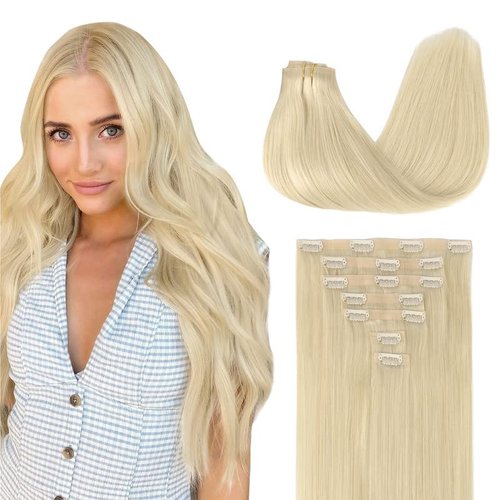 GOO GOO Clip in Hair Extensions Real Human Hair, 16inch 110g 7Pcs, 60A Platinum Blonde, Remy Human Hair Extensions Clip ins for Women, Natural Human Hair
