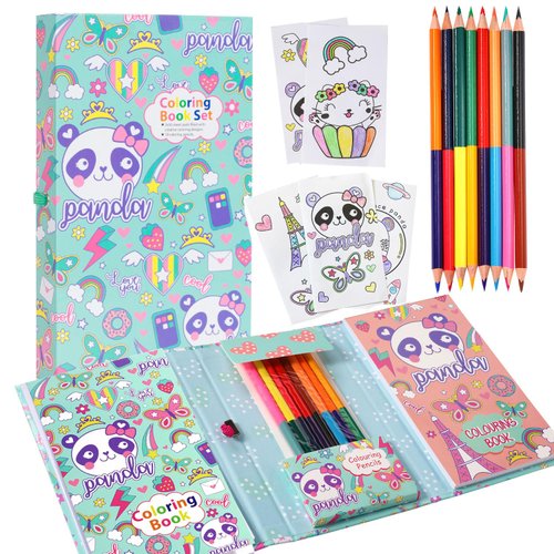 Panda Coloring Book Set with Coloring Pages & Colored Pencils, Art Supplies for Kids Ages 4-6-8, Arts Crafts Travel Coloring Kit for Girls 4 5 6 7 8 Year Old Christmas Birthday Gift