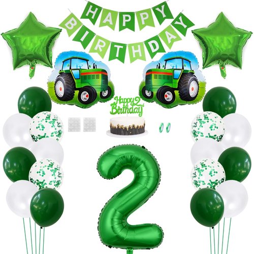 Daimay 23PCS Farm Green Tractor Birthday Decorations Tractor Party Supplies 2nd Happy Birthday Banner Farm Barn Tractor Balloon Green Number Foil Balloon Cake Toppers for Girls Boys Kids Baby Shower