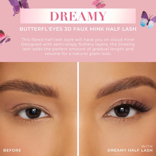 Lilly Lashes Butterfl'eyes Faux Mink Lashes, Half Lashes Natural Look & Feel, False Eyelashes, Reusable Eyelashes 20x, No Trimming + Easy to Apply, Flare Style, Lash Glue not Included, 13mm (Dreamy)