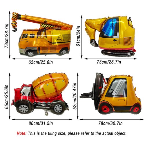 4PCS Construction Foil Balloon Engineering Vehicle bulldozer Excavator Dump Truck Forklift Mixer Truck Crane Balloons for Construction Theme Party children Birthday Party Decorations Supplies