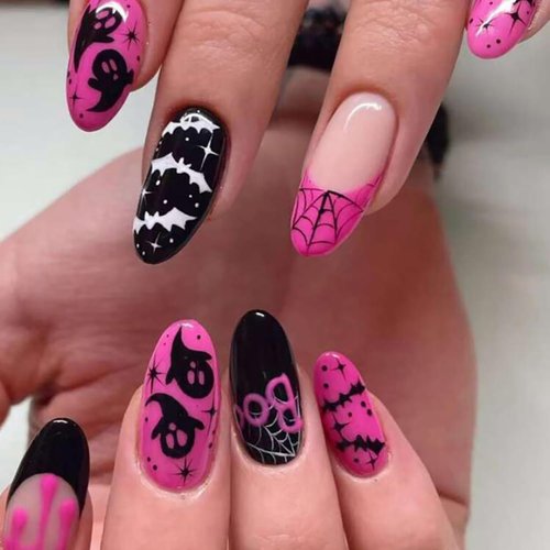 Halloween Nails Acrylic Press on Nails Medium Almond Fake Nails French Tip Glue on Nails Full Cover False Nails with Bat Ghost Designs Acrylic Nails Halloween Stick on Nails for Women 24Pcs