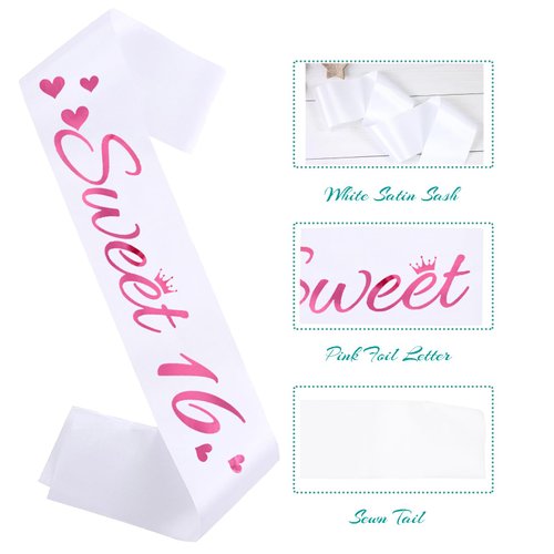 HUBEISIYU Sweet 16 Birthday Sash, 16th Bday Sash Gift Ideas for Girl Funny 16th Birthday Party Decorations Suppiles, White+ Pink(Sweet 16)