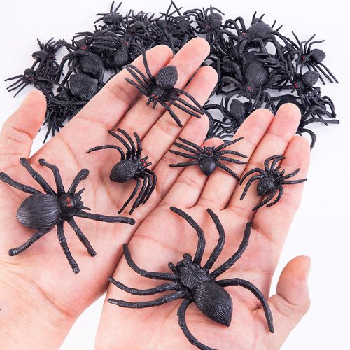 JIALWEN 60 Pieces Realistic Plastic Spiders Black Fake Spider Toys and Spider Rings Spider Toys H...