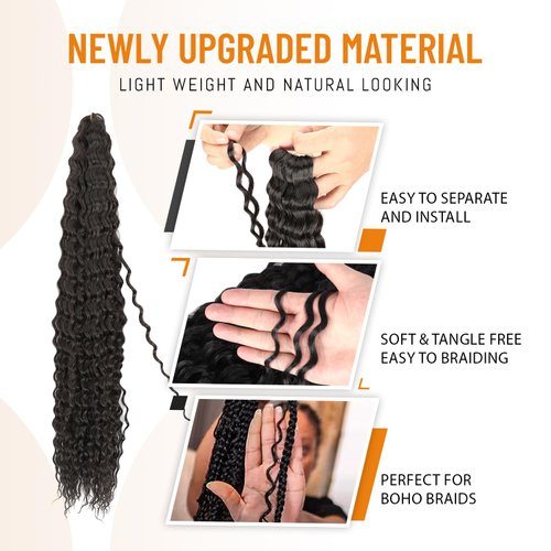 BLL Curly Braiding Hair For Boho Braids Ocean Wave Crochet Hair Human Hair Blend Deep Wave Long Wavy Braiding Synthetic Hair Extensions For Black Women (30 Inch(Pack of 1), 1B)