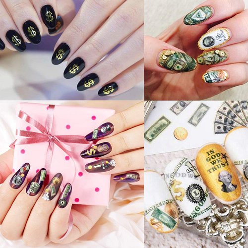 8 Sheets Money Dollar Nail Art Stickers Nail Adhesive Sticker Interesting Nail Decals Holographic 3D Gold Nail Art Design Acrylic Nails Supplies Decoration for Women Girls Manicure Tips Nails Art