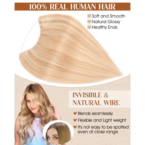 Benehair Halo Hair Extensions Real Human Hair 16 Inch Invisible Wire Hair Extensions with Fish Line Ash Blonde Mixed Bleach Blonde Halo Hair Extension 100% Human Hair Halo Extensions 60g #18&613