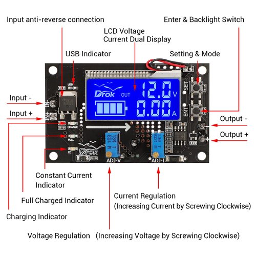 DROK DC Buck Module, Adjustable Buck Converter Step Down Voltage Regulator 6V-32V 30V 24V 12V to 1.5-32V 5V 5A LCD Power Supply Volt Reducer Transformer Module Board with USB Port Protective Case