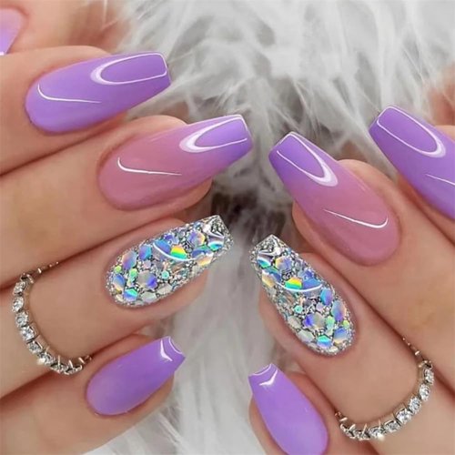 DOCVOEOMH Purple Ombre Press on Nails Short Medium Coffin Acrylic Fake Nails with Glitter Design Glue on Glossy Full Cover Artificial Gel False Stick on Nail for Girls Women Wedding Manicure 24Pcs