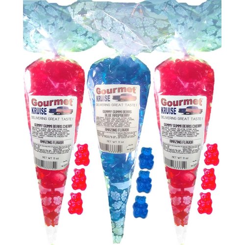 Red Gummy Bears (2) Wild Cherry (1) Blue Raspberry Gummi (NET WT 33 OZ) Gourmet Kruise Signature Gift Bags