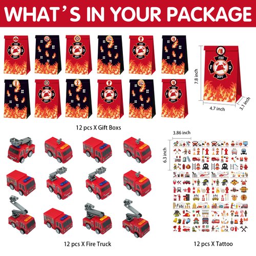 HIPVVILD Fire Truck Party Favors - 72 Pcs Firefighter Birthday Party Supplies Include Gift Bag, Wristband, Button Pin, Fire Truck Toy, Keychain, Tattoo, Firefighter Party Favors for Kids Game Prizes