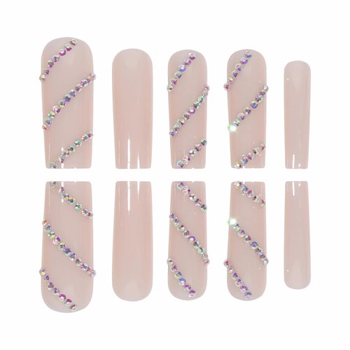MISUD Press on Nails Long Square Fake Nails Glossy Glue on Nails Nude Acrylic Nails Squoval Artificial Nails Luxury Rhinestone Stick on False Nails with Design 24 pcs