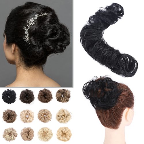 S-noilite Human Hair Messy Bun Hairpieces DIY Wrap Around Updo Extension 100% Real Hair 32g Curly Remy Hair Ponytail Bun Maker Scrunchie Hair Band For Women Gift #1 Jet Black