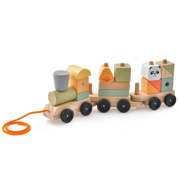 Costzon Wooden Train Set, 3-Section Towable Train Toys with Stackable Building Block, Cute Animal Patterns & Hook Coonection Design, Toy Train for Baby Toddler Early Learning Education