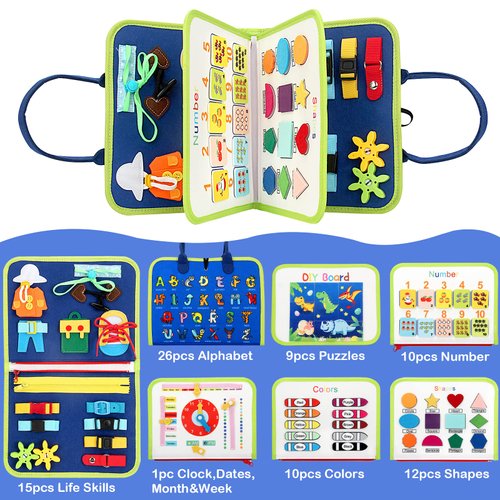 Busy Board, Toddler Busy Book for 1 2 3 4 Year-Old Boys Girls Birthday Gifts - 8 in 1 Preschool Educational Learning Toys with Alphabet Count Motor Skill, Toddler Travel Toys