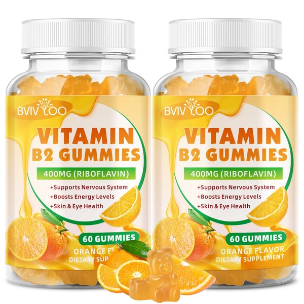 BVIVLOO 2 Pack Vitamin B2 Gummies - Riboflavin 400mg for Kids & Adults, Migraine Relief & Headache Relief, Vegan, Sugar-Free, Orange Flavor, 120 Gummies