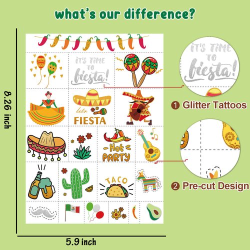 Partywind 42 Styles Metallic Glitter Temporary Tattoos for Kids, Fiesta Mexican Cinco De Mayo Party Decorations Supplies Favors, Final Fiesta Bachelorette Fake Tattoos Stickers for Adult Boys Girls