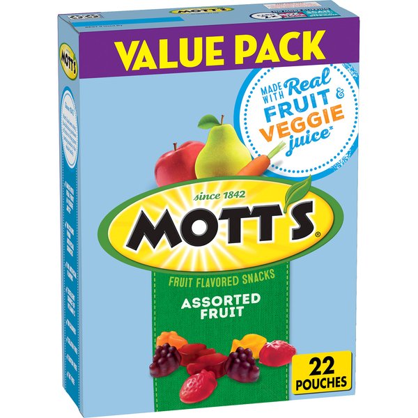 Mott's Fruit Flavored Snacks, Assorted Fruit, Pouches, 0.8 oz, 22 ct