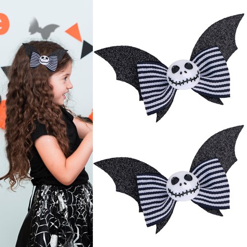2PCS Halloween Glitter Bat Wing Hair Clips – Black & White Stripe Hair Bows with Spooky Face for Girls & Women – Alligator Hairpins for Trick or Treat, Halloween Party Accessories