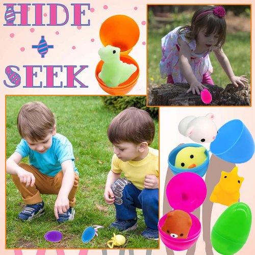 24PCS Easter Eggs + 24PCS Mochi Squishy Toys, Surprise Eggs Filled Mini Animal Squishy Stress Relief Toys for Kids Easter Mochi Squishies Party Favor, Easter Basket Stuffers, Easter Eggs Fillers Gifts