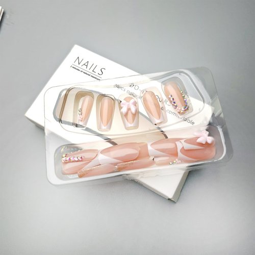 24 Pcs White French Tip Press on Nails Medium Coffin Shape Bow Fake Nails with Design Rhinestones Glue on Nails French Nail Tips False Nails Supplies Full Cover Glossy Acrylic Nails for Women Nail Art