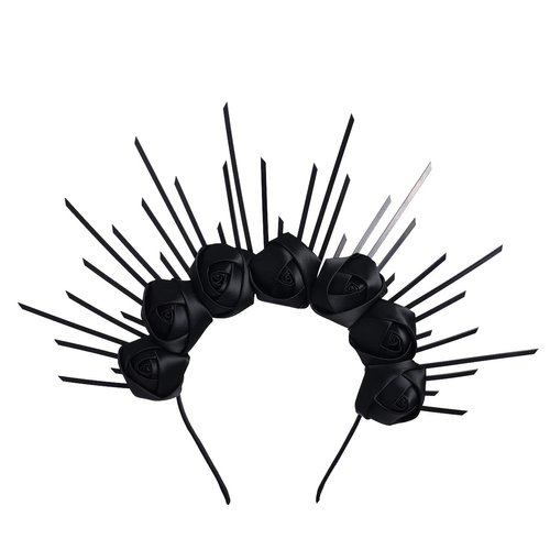 BLESSUME Gold Spike Halo Crown Headpiece NYLON ZIP TIE Wedding Bride Hair Band Tiara¡­ (Black and Black Flower)