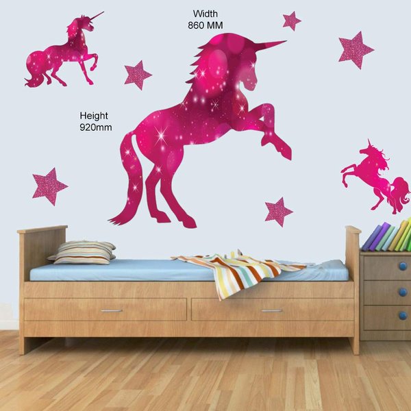 3 x Pink Unicorn & Stars Childrens Wall Art Decal Vinyl Stickers Girls Bedroom Nursery XL Set