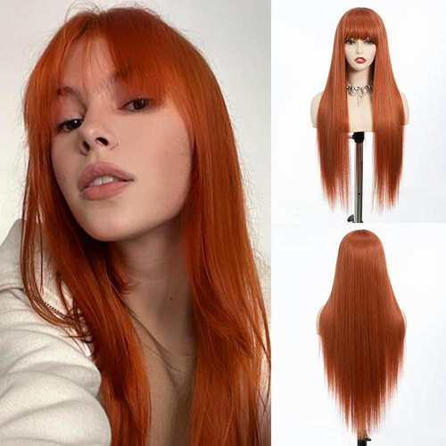 REBECCA STYLE Long Orange Wig with Bangs Long Straight Wigs for Women 30 Inch Synthetic Heat Resistant Wigs for Girls Daily Party Use Natural Looking (Dark Orange)