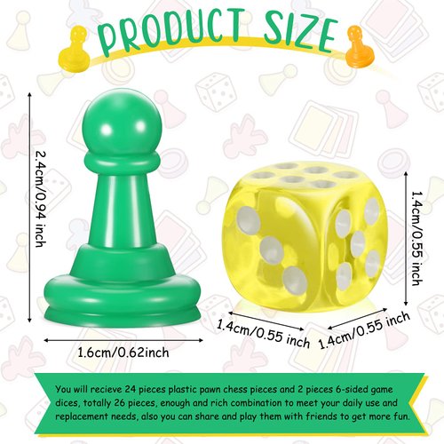 26 Pieces Multicolor Board Game Pieces and Dice Include 24 Multicolor Plastic Pawn Chess Pieces and 2 Plastic 6-Sided Game Dices, Chess Game Pieces Dice Set for Board Game Components Table Marking