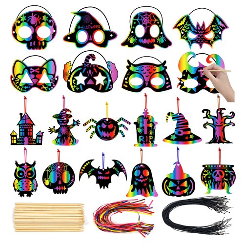 PARTYWIND Halloween Scratch Paper Art Set for Kids Crafts, 46 PCS Scratch Masks + Scratch Off Cards for Kids Halloween Activities Games, DIY Halloween Party Decorations Supplies Ornaments