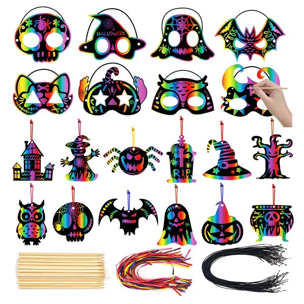PARTYWIND Halloween Scratch Paper Art Set for Kids Crafts, 46 PCS Scratch Masks + Scratch Off Cards for Kids Halloween Activities Games, DIY Halloween Party Decorations Supplies Ornaments