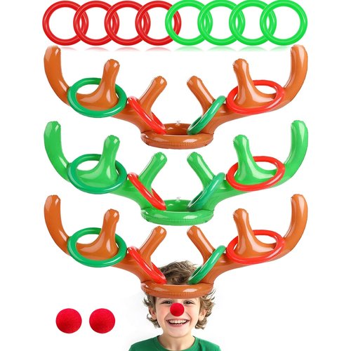 2 Set Christmas Inflatable Reindeer Antler Ring Toss Game Xmas Antler Heandband Toys Christmas Party Game Supplies for School Family Team Game Indoor Outdoor (2 Antler Hat, 8 Rings, 2 Reindeer Nose)