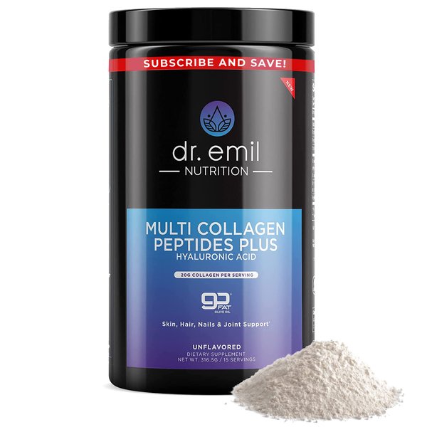 DR. EMIL NUTRITION Multi Collagen Peptides Powder - 20g of Unflavored Hydrolyzed Collagen Protein Powder with Hyaluronic Acid for Hair, Skin, Nails and Joints - 15 Servings