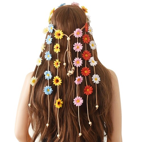 Kunyeah Flower Headband for Girl Daisy Tassel Headpiece Bohemian Hair Band Floral Bandana Party Hair Accessories for Women (Colorful)