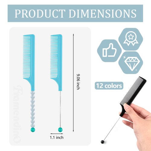 Framendino, 11 Pack Beadable Combs DIY Beadable Hair Comb Plastic Rat Tail Combs with Bar for Hair Stylist 11 Colors