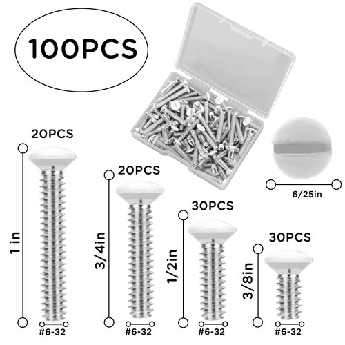 TOYMIS 100Pcs 4 Sizes 6-32 Thread Black Wall Plate Screws Outlet Cover Screws Switch Cover Screws Replacement Wall Plate Screws Electrical Screws (White)
