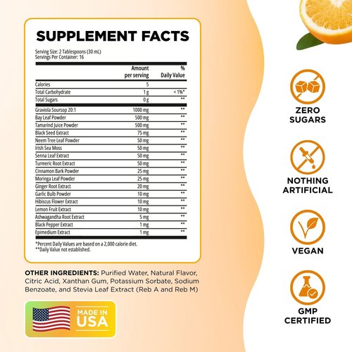 Serene Herbs Soursop Bitters Liquid with Soursop Leaves for Gut Cleanse, Detox & Immune Boost with Black Seed, Moringa, Irish Moss, Ashwaganda, Turmeric, 16 fl oz (16 Fl Oz, Orange)