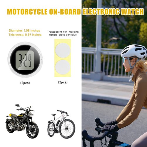 Suvnie 2 PCS Mini Motorcycle Clocks, Waterproof Motorbike Handlebar Digital Clock, 1.1 Inch Stick-On Dashboard Mount Watch, Universal Vehicle Decor Accessories for Motorcycle Car SUV (Black)