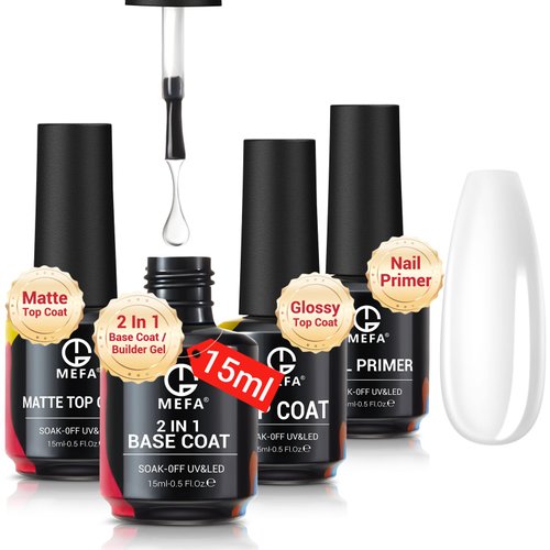 MEFA 4PCS 15ml Gel Top Coat and Base Coat Set, No Wipe Matte & Shiny Top Coat, Base Coat Builder Gel Bond Nail Primer Long-Lasting Shine Finish Soak Off Nail Lamp Nail Art Design Manicure Gifts