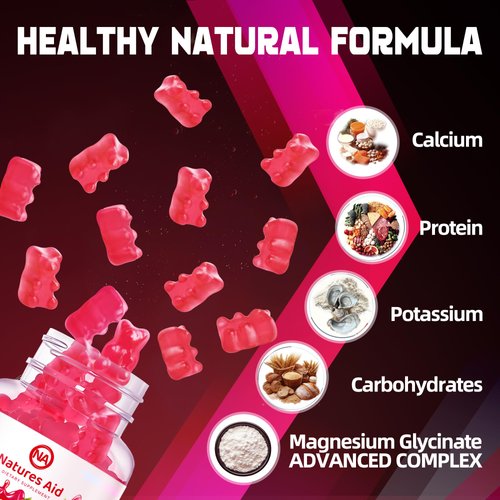 Magnesium Glycinate Gummies 1000mg - Sugar Free Magnesium Potassium Supplement with Vitamin D, B6, CoQ10 for Calm Mood & Sleep Support - 90 Raspberry Gummies.