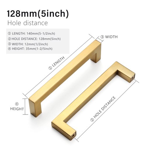 Redunest Cabinet Pulls Gold Cabinet Handles Square Drawer Pulls, 10 Pack 5 Inch Stainless Steel Kitchen Door Cupboard Cabinet Handles, Drawer Hardware Handles, 128mm Hole Centers