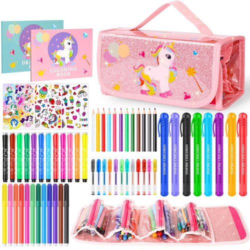 Rocamdo Fruit Scented Washable Markers Set, Art Colored Pencil Case, Glitter Coloring Pens Drawing Kit Stuff 63PCS Art Supplies for Kids Ages 4-6-8, Birthday Gifts for Teens Girls 4 5 6 7 8 9 Year Old
