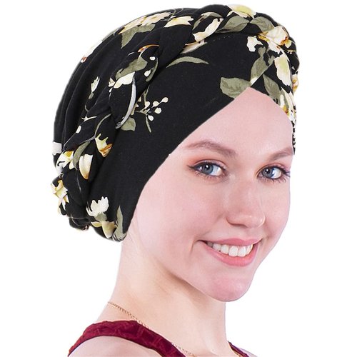 Awlsyj Chemo Cancer Head Hat Cap Ethnic Bohemia Pre-Tied Twisted Braid Hair Cover Wrap Turban Headwear (D Printed Black)