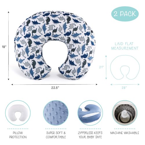 The Peanutshell Nursing Pillow Cover Set for Baby Boys or Girls | Dinosaur & Navy Blue Minky Dot | Unisex 2 Pack
