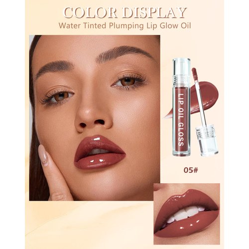 Hydrating Lip Tint Stain-1Pcs Tinted Plumping Lip Glow Oil, Moisturizing Water Lip Stain Makeup, Pigmented Non-Sticky Vegan Lip Gloss, Multi-Use Lip & Cheek Tint, Nude Glossy Finish, Cruelty Free-05#