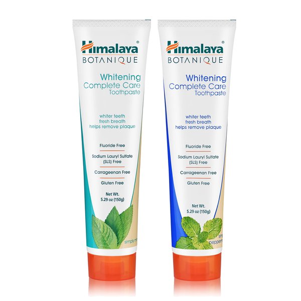 Himalaya Botanique Complete Care Whitening Toothpaste Variety Pack, Simply Mint and Simply Peppermint Flavors, Fluoride Free, for a Clean Mouth, Whiter Teeth and Fresh Breath, 5.29 oz, 2 Pack