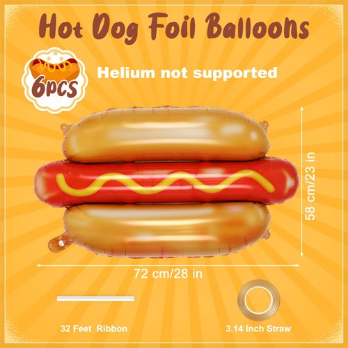 6 Pcs Giant Hot Dog Balloons, Food Foil Balloons Picnic Snacks BBQ Party Balloons Food Themed Balloons for Birthday Food Snacks BBQ Themed Party Decorations