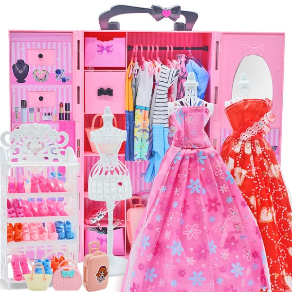Baby Doll Clothes Girls Toys - 102 Pcs Kids Dolls Toy Accessories with Closet for 11.5 Inch Doll Dress Up Wedding Dress, Dress Outfits Tops, Pants Shoes Hanger Bag Christmas & Birthday Gifts for Girls
