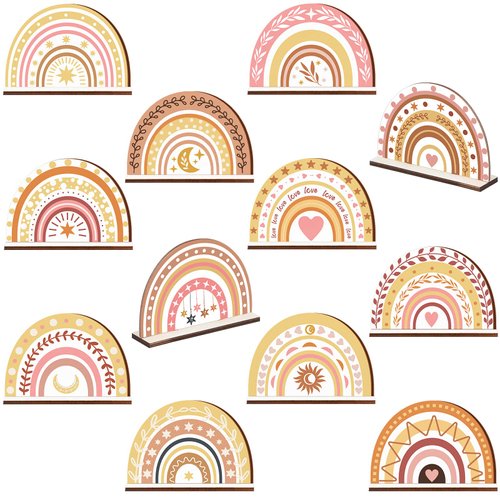 Geelin 12 Pcs Boho Rainbow Wooden Table Centerpieces, Birthday Party Sign Boho Rainbow Party Decorations Rainbow Centerpiece for Tables Baby Shower Boys Girls Birthday Party Supplies Ornament