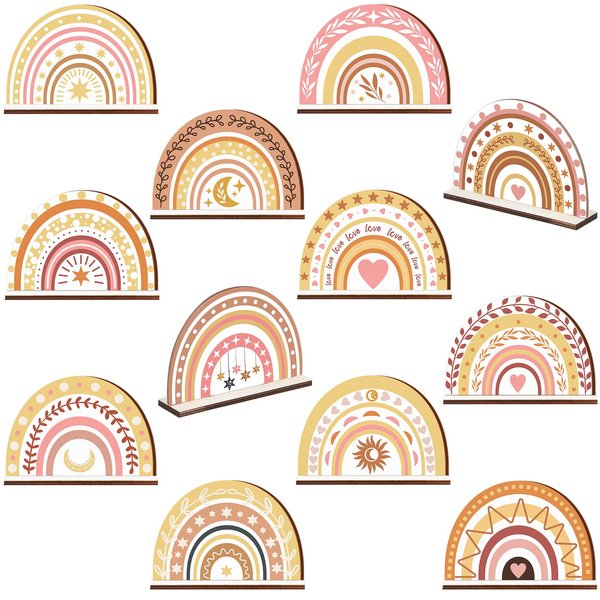 Geelin 12 Pcs Boho Rainbow Wooden Table Centerpieces, Birthday Party Sign Boho Rainbow Party Decorations Rainbow Centerpiece for Tables Baby Shower Boys Girls Birthday Party Supplies Ornament